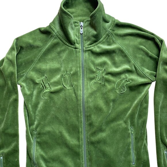 Vintage BCBG Y2K Velour Track Jacket Olive Green Zip Up Embroider Gothic Logo-S - Picture 6 of 13